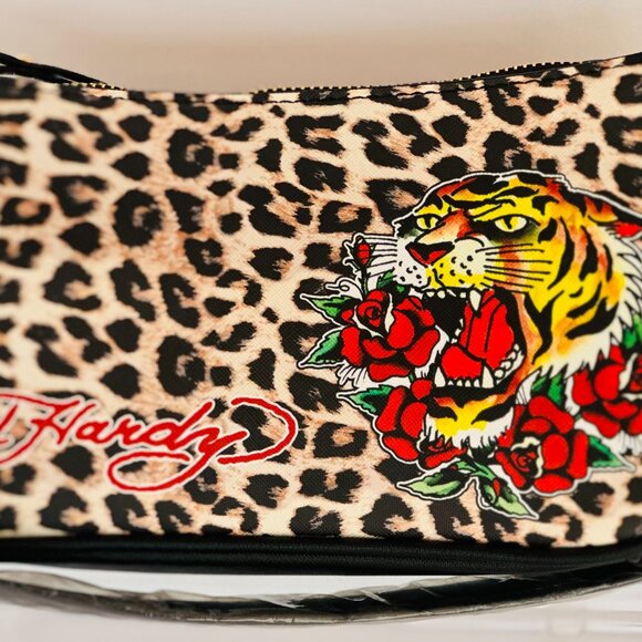 Ed Hardy Leopard Print Shoulder Bag with Tiger & Rose Tattoo Graphic - Picture 3 of 8